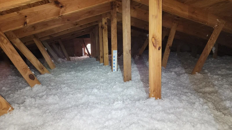 Blown-in fiberglass insulation with depth gauge in Holly Springs attic