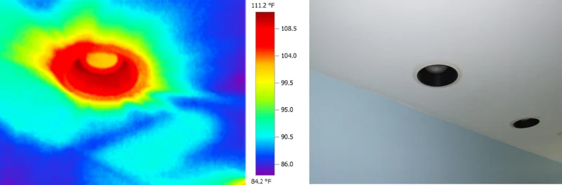 Thermal imaging comparison showing heat loss through recessed light in under-insulated attic