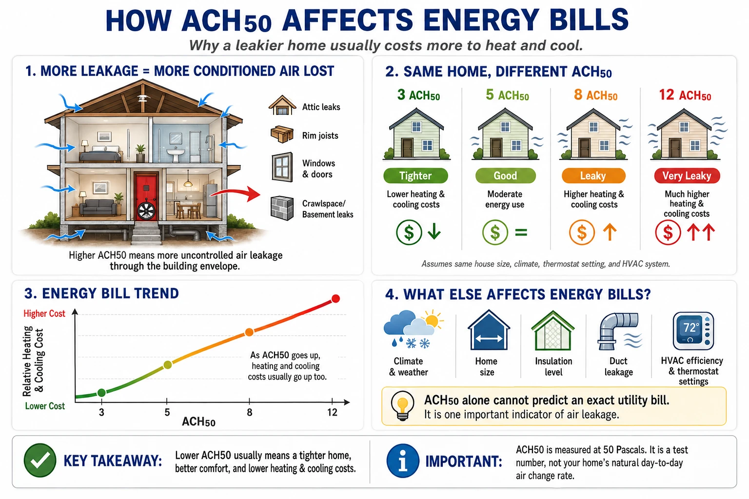 Infographic showing how ACH50 air leakage affects energy bills � comparing leakage levels, cost trends, and other factors that impact heating and cooling costs