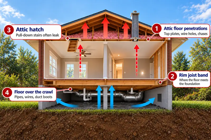 Cutaway illustration of a North Carolina home showing where air leaks: warm air rising out through attic floor penetrations and a pull-down attic hatch, and outdoor air entering the crawl space through foundation vents and being pulled up through pipe, wire, and duct openings in the floor, with the rim joist band marked