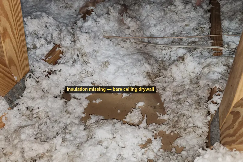 Bare ceiling drywall visible in a Raleigh NC attic where insulation is completely absent