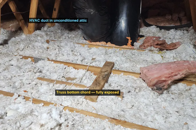 Attic in Willow Lake, Raleigh NC showing exposed truss bottom chords and an HVAC duct running through unconditioned attic space