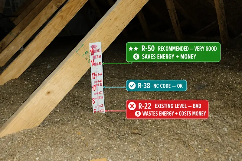 Insulation depth ruler in a Triangle NC attic showing an existing R-22 blown insulation level against R-38 code and R-50 recommended markers