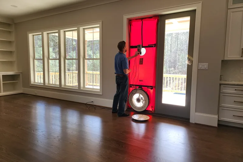 Peak Energy technician setting up a Minneapolis Blower Door test rig in a patio door frame during a home energy audit in a Triangle NC home