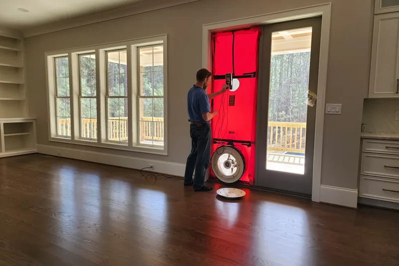 Peak Energy technician in a blue polo operating the blower door manometer inside a new-construction NC home — red nylon door frame and calibrated fan installed in the back door, hardwood floors and built-in shelving visible