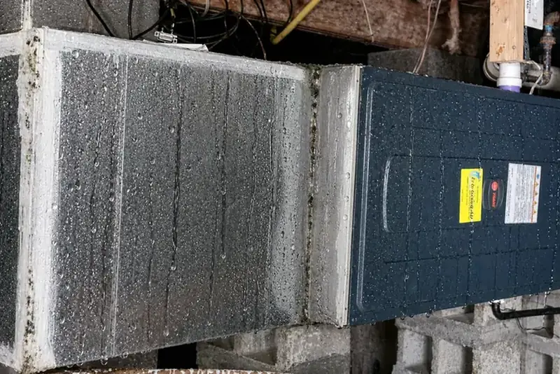 Heavy summer condensation on a crawl space air handler in a Wake County NC home — water droplets running down the metal cabinet, mold staining on the insulation, mounted on cinder blocks above a damp dirt floor