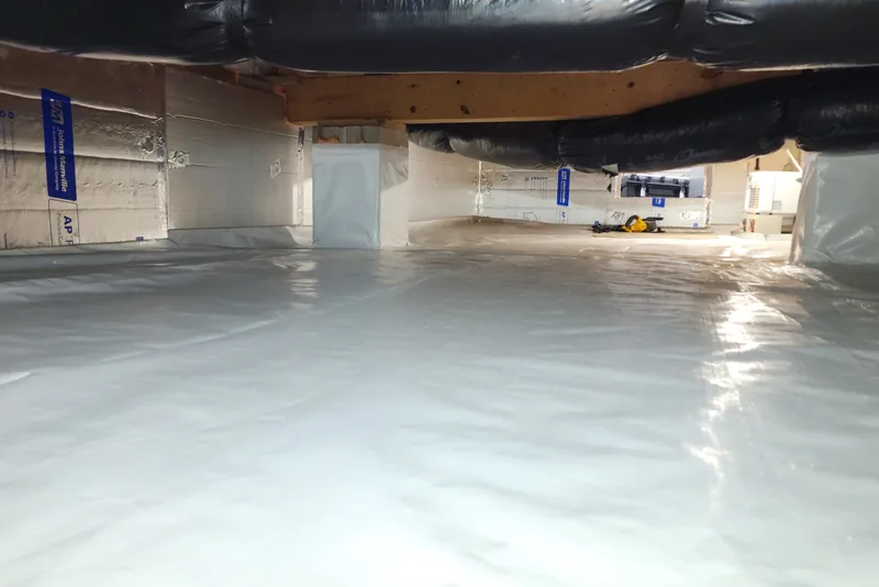 Fully encapsulated crawl space with foil-faced foam board wall insulation and a heavy vapor barrier on the floor in a Wake County NC home