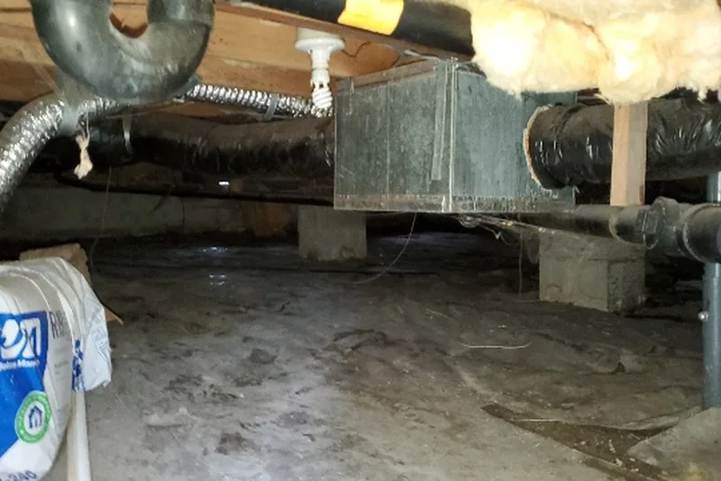 Unencapsulated crawl space before cleanup — bare dirt floor, old plumbing and ductwork, and deteriorated fiberglass insulation in a NC home