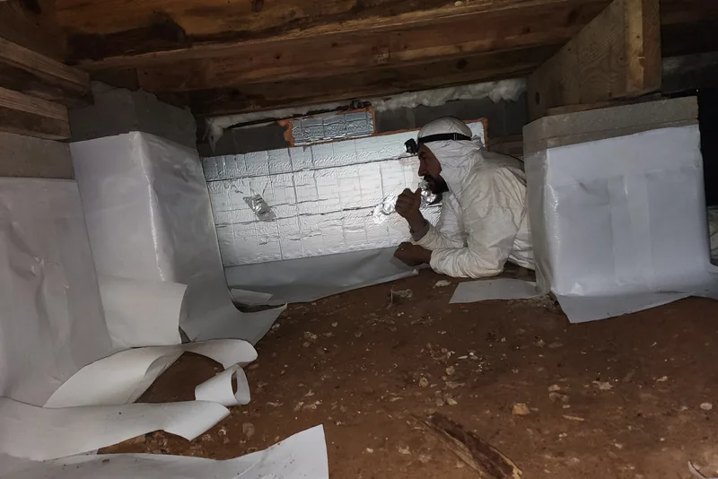 White vapor barrier liner turned up the foundation walls behind foil-faced foam board insulation in an NC crawl space