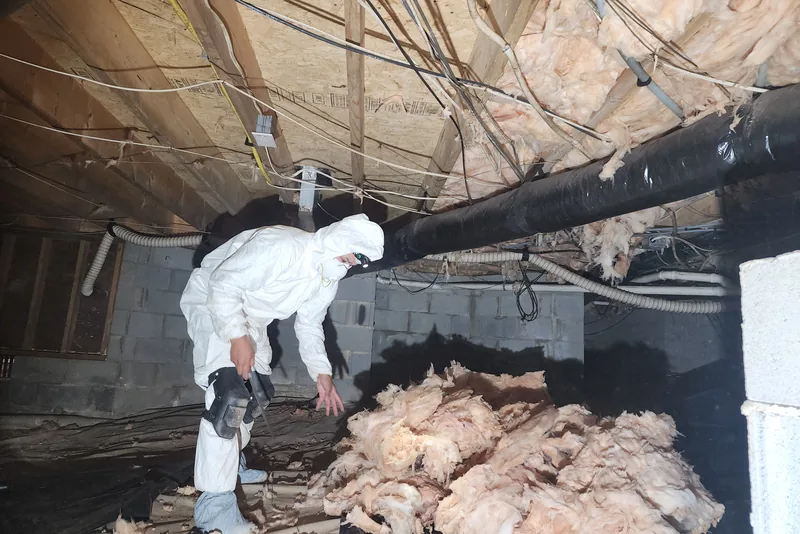 Peak Energy technician in a protective suit removing fallen, moisture-damaged fiberglass insulation from a crawl space floor in NC