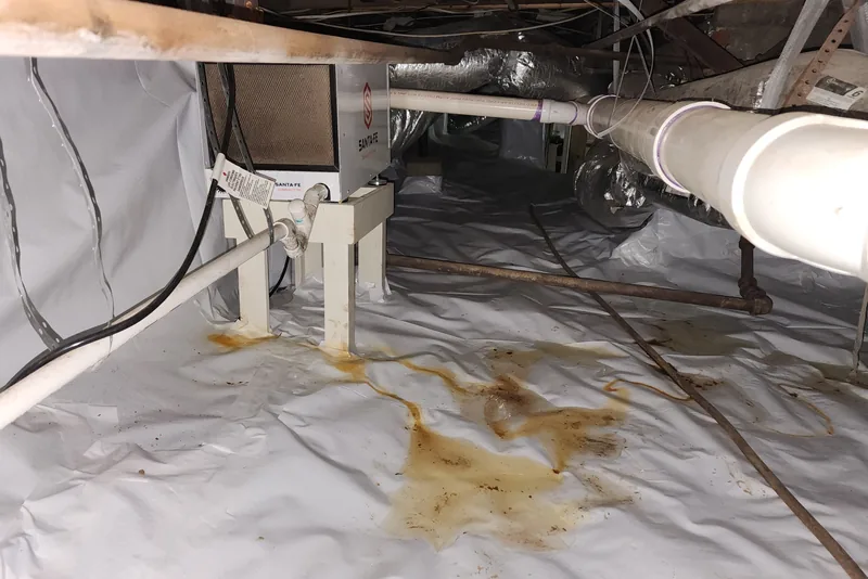 Rust-stained standing water pooling on the vapor barrier of a poorly installed crawl space encapsulation in NC