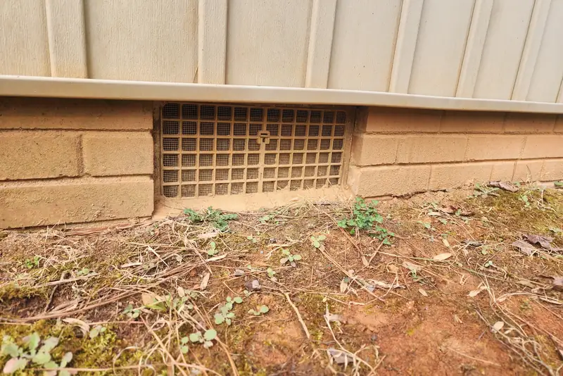 Open foundation vent on a brick crawl space wall, the kind of vent that connects a vented Triangle crawl space directly to outdoor air
