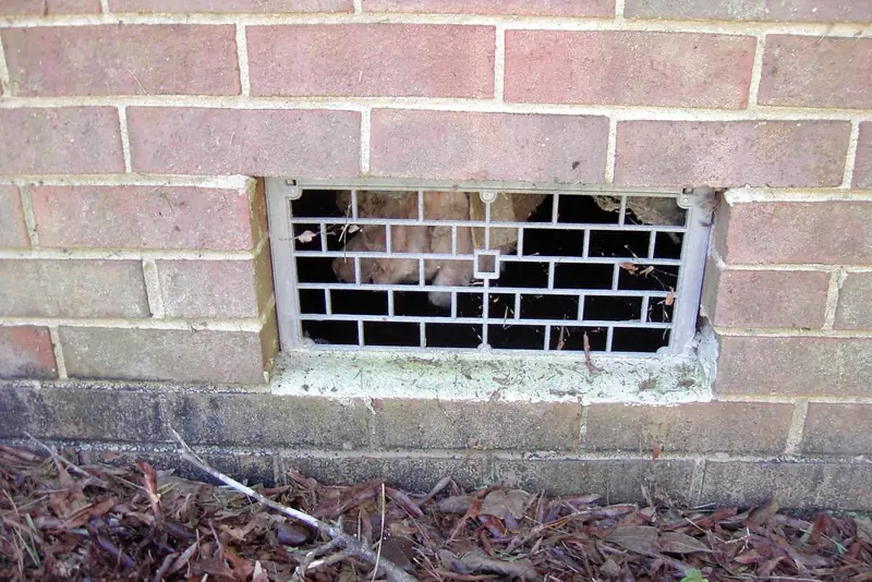 Open foundation vent on a brick crawl space wall, the kind of vent that connects a vented Triangle crawl space directly to outdoor air