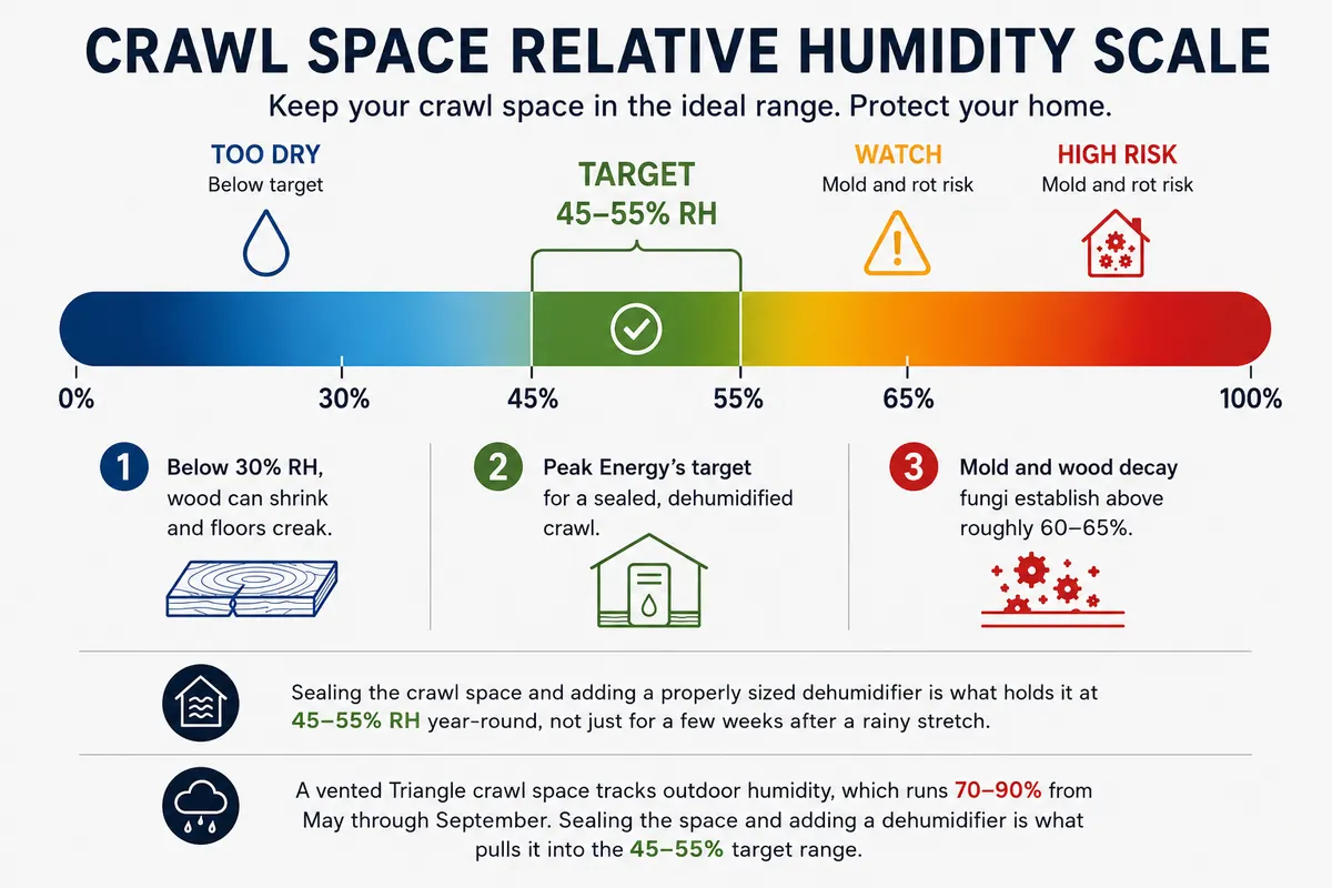Crawl space relative humidity scale from 0% to 100%, marking too dry below 30%, target 45–55% RH, watch zone at 55–65%, and high risk for mold and rot above 65%