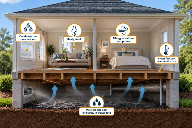 Cutaway illustration of a home showing five signs of crawl space air quality problems: condensation on windows, musty smell, allergy or asthma symptoms, floors that feel cool over the crawl space, and moisture and poor air quality in the crawl space below