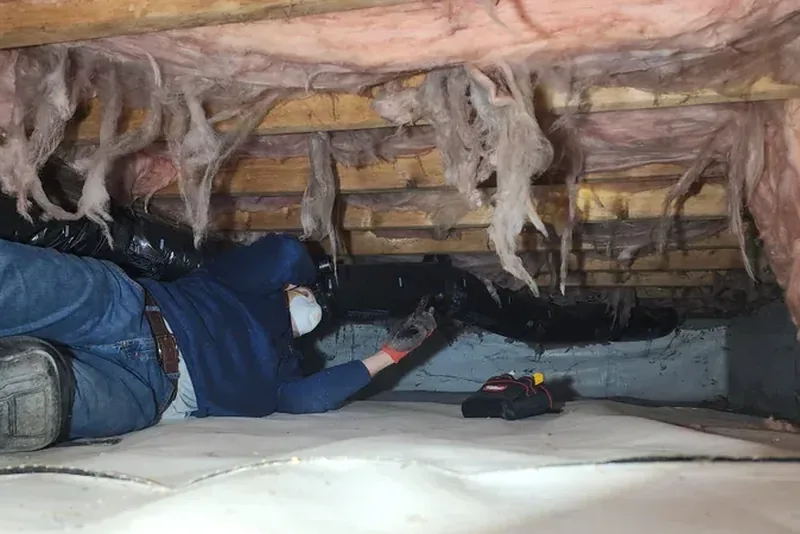 Auditor inspecting crawl space during home energy audit in NC
