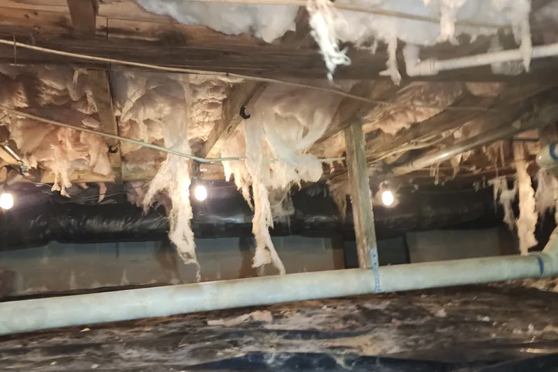 Sagging fiberglass batt insulation pulling away from the subfloor and hanging into a vented crawl space