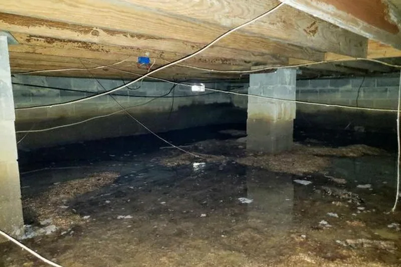 Wet bare-dirt crawl space in a NC home with standing water on the floor, exposed floor joists, and no vapor barrier — the moisture problem a liner is designed to prevent