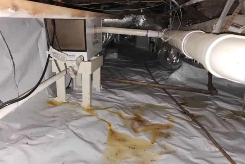 Rust-colored water staining on a crawl space vapor barrier around the base of a dehumidifier, a sign of condensate or drainage that is not being managed correctly