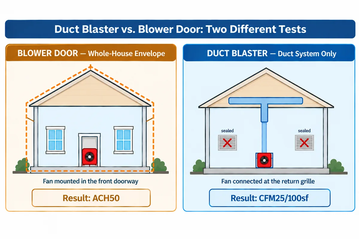 Side-by-side comparison of a blower door test and a duct blaster test on the same house: the blower door highlights the entire building envelope and reports ACH50, while the duct blaster highlights only the attic ductwork and reports CFM25 per 100 square feet