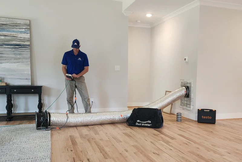 Peak Energy technician reading a manometer during a Minneapolis Duct Blaster leakage test, with the fan and flex duct connected to a return grille in a new Triangle NC home