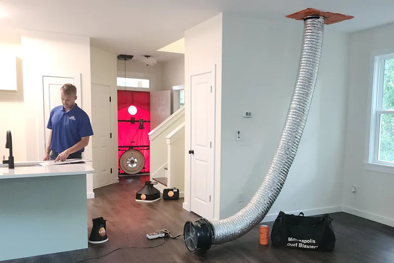 Duct leakage test in a new construction home in Wake County NC: a Minneapolis Duct Blaster fan connected by flex duct to a ceiling boot, with a red blower door fan set up in the front doorway behind it and a Peak Energy technician recording results at the kitchen counter