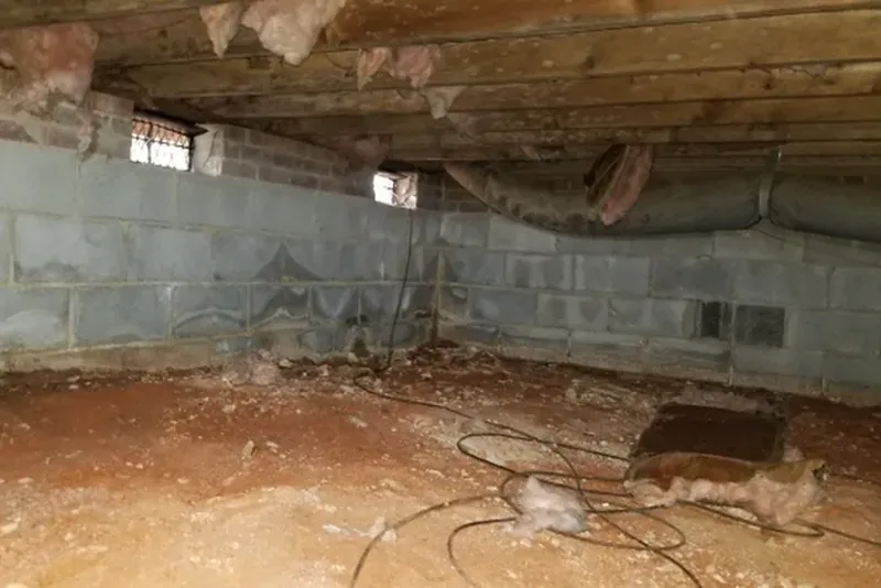 Open foundation vents in a cinder block crawl space wall with daylight streaming through, sagging fiberglass batt insulation overhead and bare dirt floor below — typical pre-encapsulation conditions in a Wake County NC home