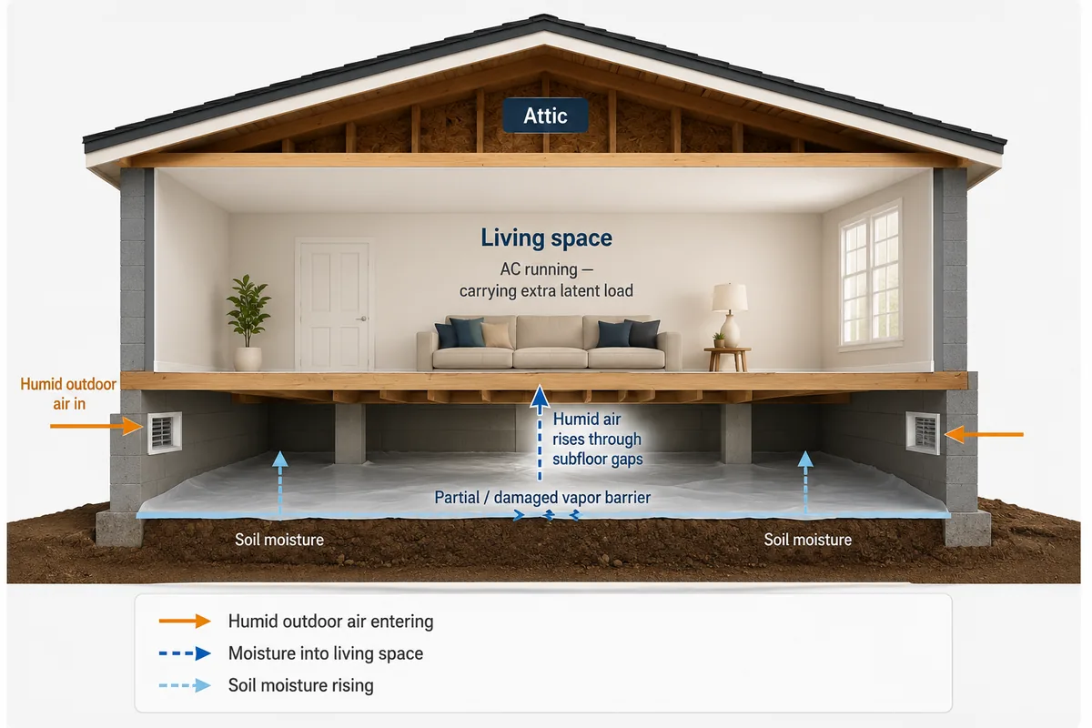Diagram of a vented crawl space cross-section showing humid outdoor air entering through foundation vents, soil moisture rising from bare ground, and combined humidity migrating into the living space above through subfloor gaps — Triangle summer
