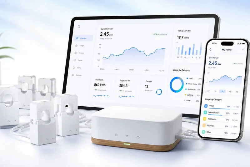 Home energy monitoring system with circuit current sensors, a gateway hub, and a dashboard on laptop and phone showing real-time power use and usage by category in an NC home