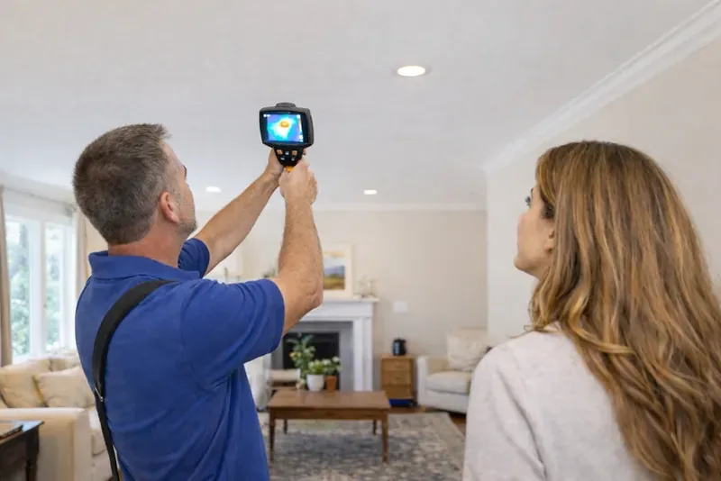 Energy auditor scanning living room ceiling with thermal imaging camera in NC home