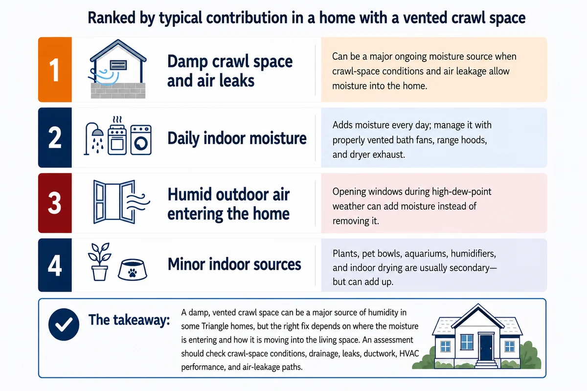 Ranked list of common indoor humidity sources in a Triangle home: a damp crawl space with air leaks, daily indoor moisture from showers, cooking, and laundry, humid outdoor air entering through open windows, and minor sources like houseplants and pet bowls
