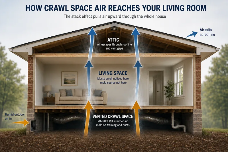 Cutaway diagram of a house showing humid outdoor air entering a vented crawl space at 70-90% RH, rising through the living space via the stack effect, and exiting at the roofline