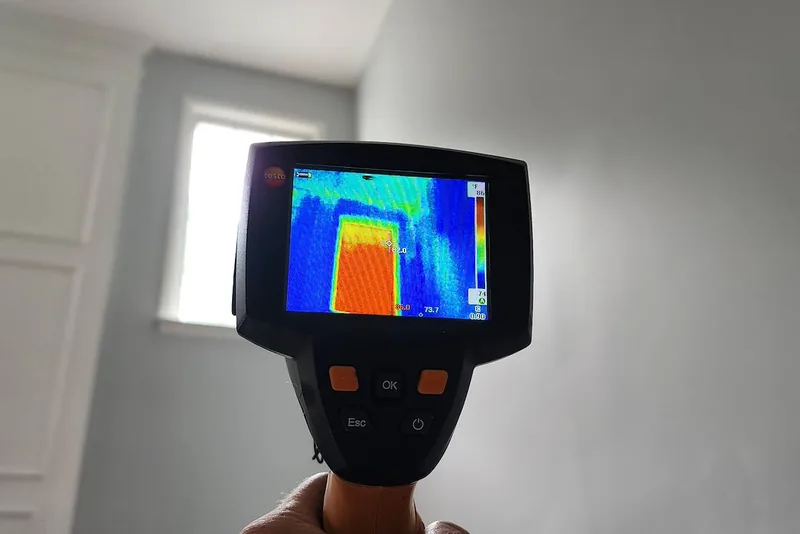 Handheld Testo infrared thermal imaging camera showing a heat differential around a window frame during a home energy audit in a Triangle NC home