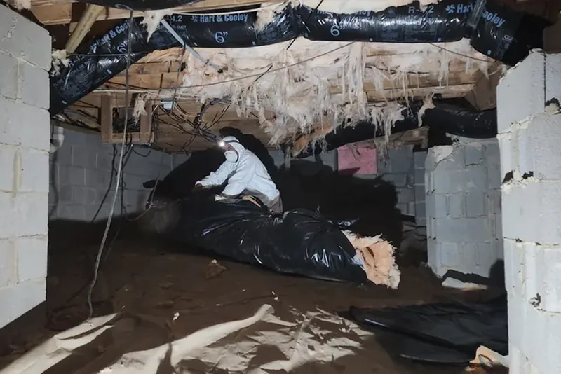 Vented crawl space before encapsulation — Peak Energy technician in protective suit removing fallen fiberglass insulation and old vapor barrier debris from a dirty, damp Wake County NC crawl space
