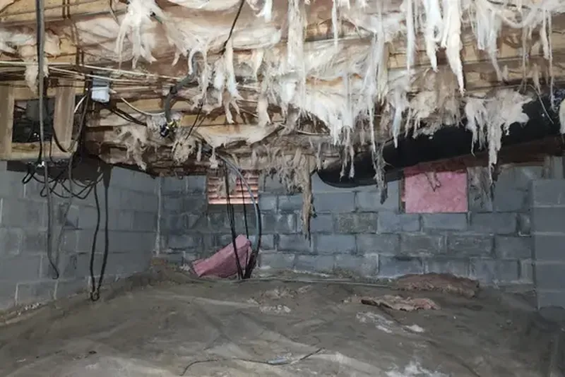 Vented crawl space with degraded insulation falling from floor joists in NC home