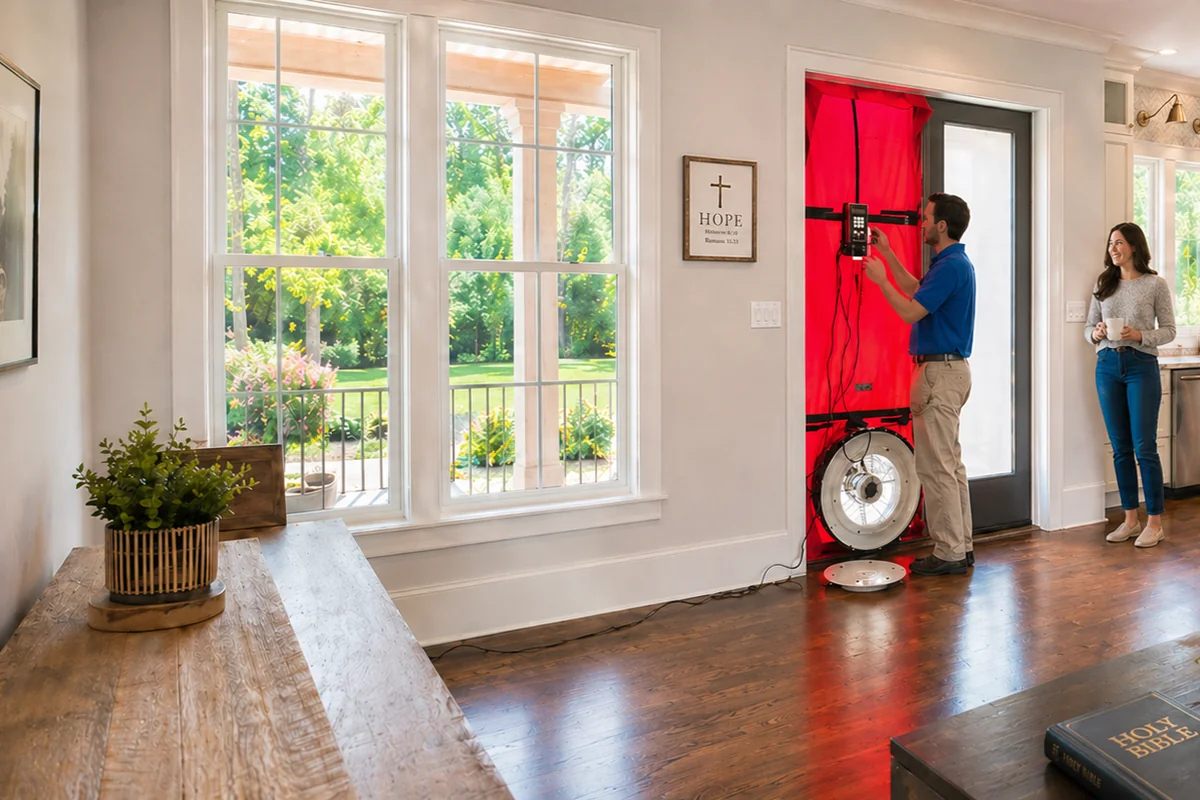 Peak Energy technician performing a blower door air leakage test in a Holly Springs home
