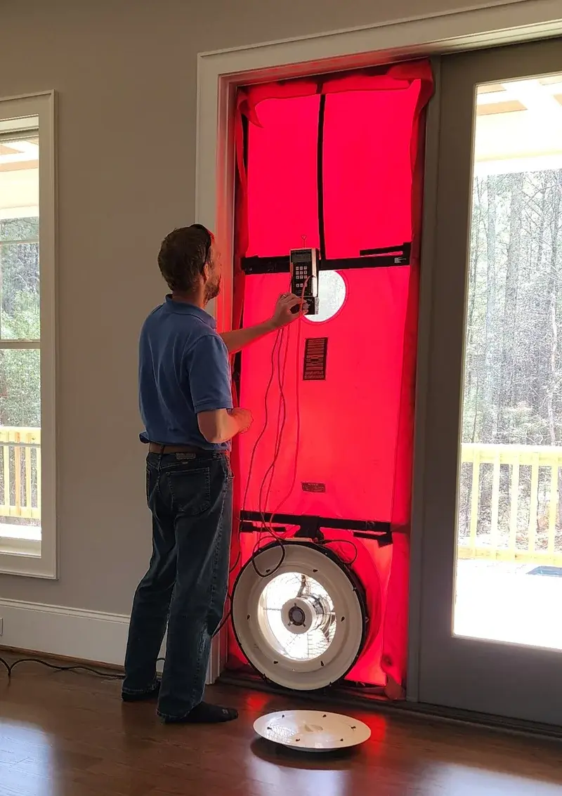 Technician operating blower door during air leakage test in Holly Springs NC home