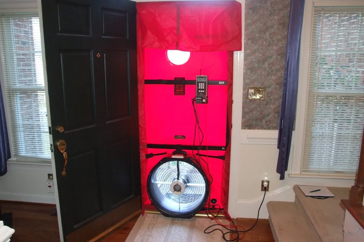 Peak Energy blower door test set up in a home's front door, with the red fabric panel, calibrated fan and manometer measuring air leakage in a Triangle NC home