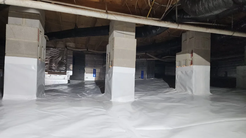 Completed crawl space encapsulation with clean white vapor barrier — Holly Springs NC
