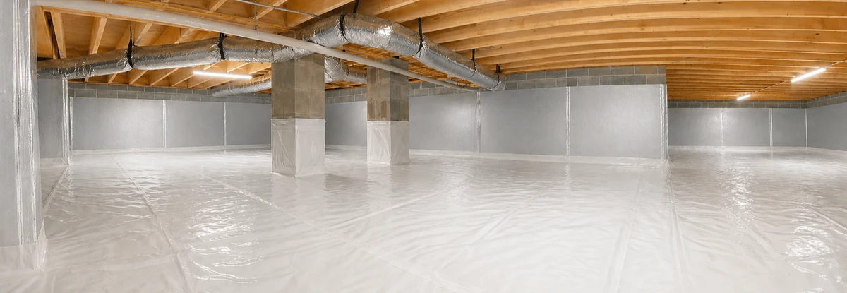 Encapsulated crawl space in a North Carolina home with white vapor barrier on floor and walls
