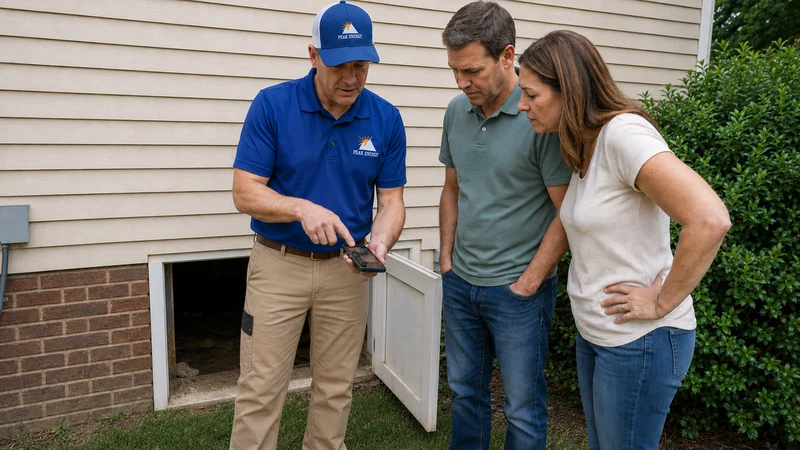 Peak Energy technician reviewing crawl space inspection findings with homeowners at the crawl space access door in the Triangle NC