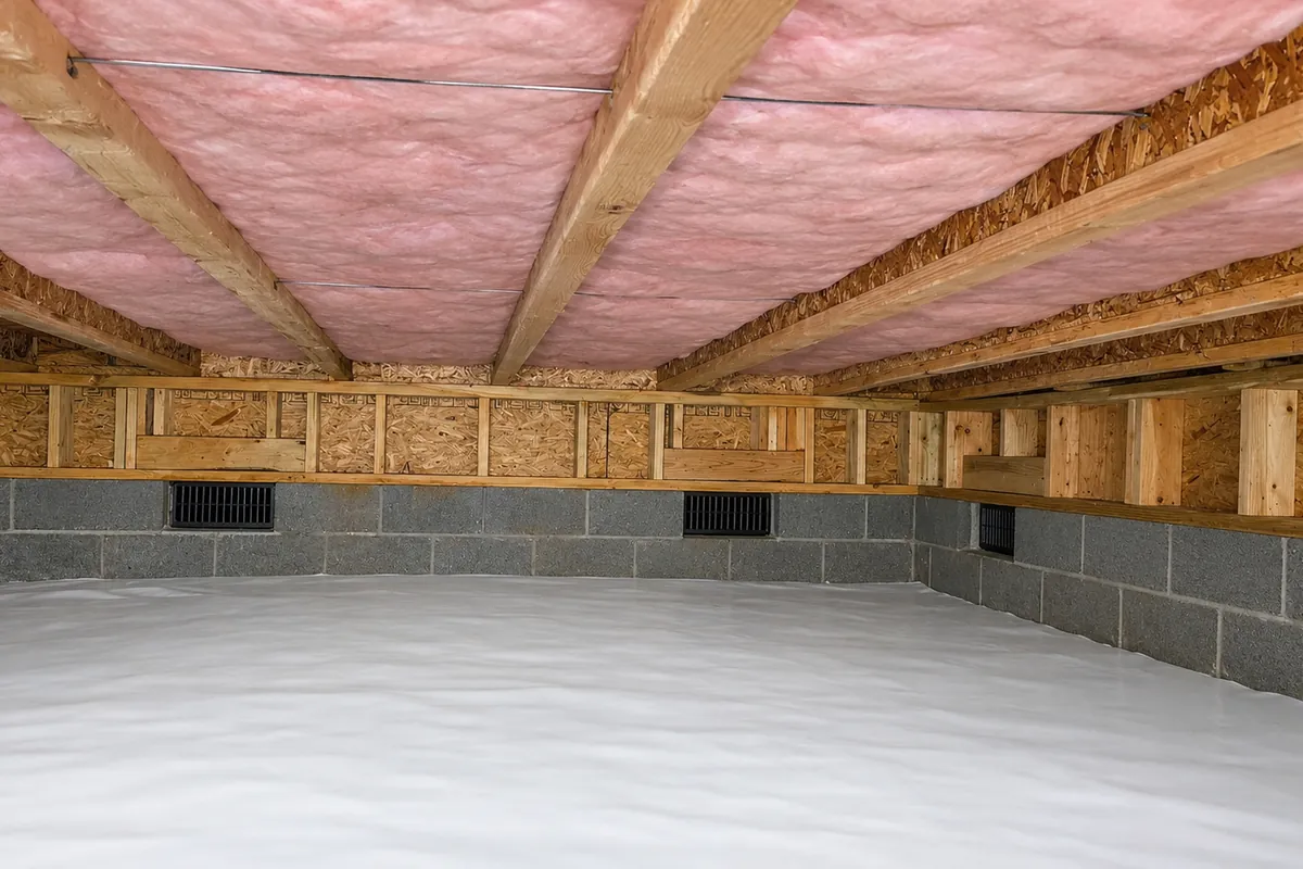 Crawl space with fiberglass batt insulation between the floor joists and a white vapor barrier on the ground in a Triangle NC home