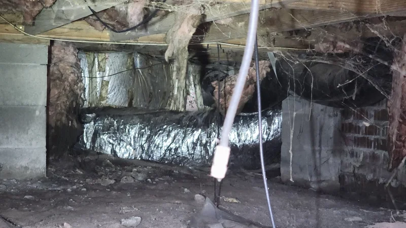 Damp crawl space with moisture on floor joists — a warning sign your crawl space needs attention