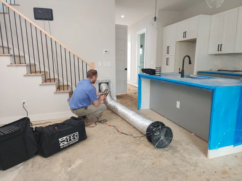 Technician connecting duct blaster to wall register in new construction home