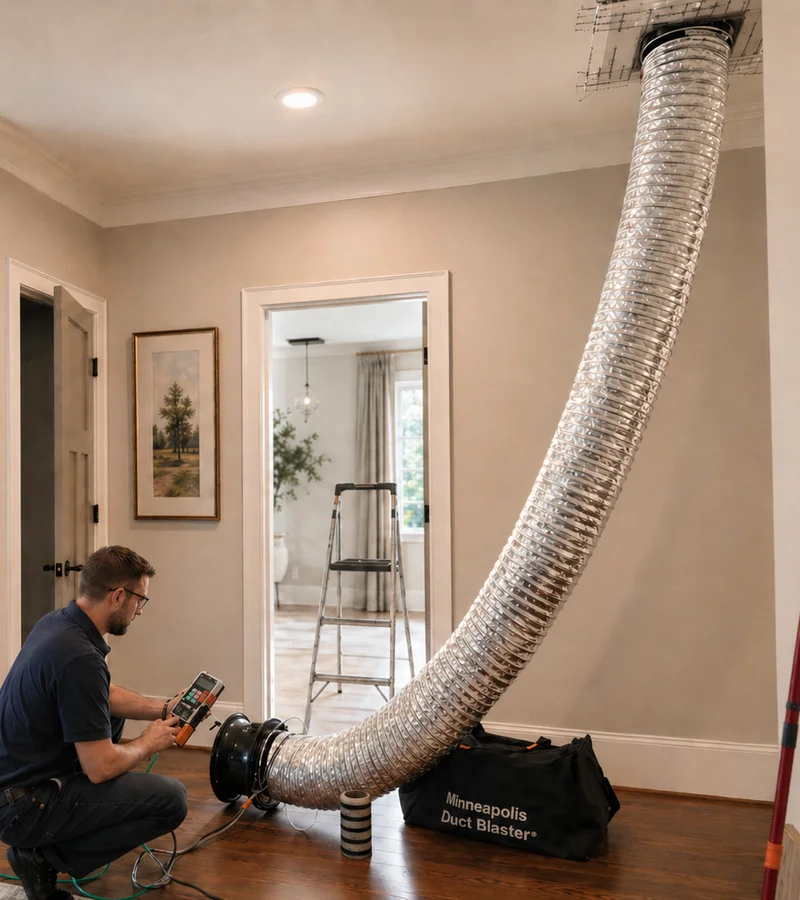 Duct blaster connected to ceiling register during duct leakage test in finished home