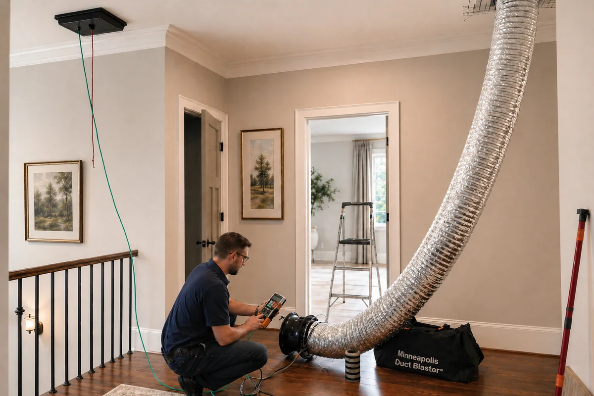 Peak Energy technician performing a duct leakage test on an HVAC system in a Wake County NC home