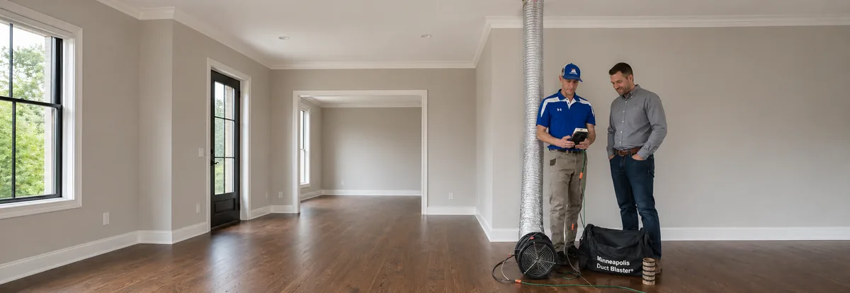 Peak Energy technicians performing a duct leakage test with a Minneapolis Duct Blaster in a new construction home in Wake County NC