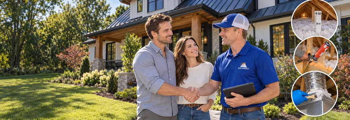 Peak Energy technician shaking hands with homeowners outside their Wake County NC home, with insets showing attic insulation depth, spray foam air sealing and duct mastic sealing