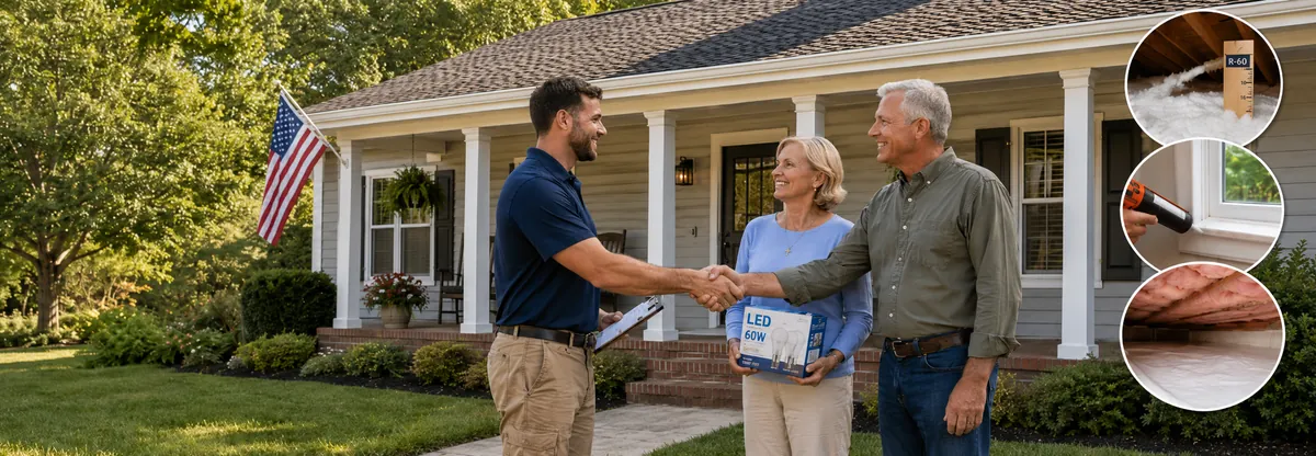 Peak Energy energy advisor shaking hands with homeowners in front of their Wake County NC home