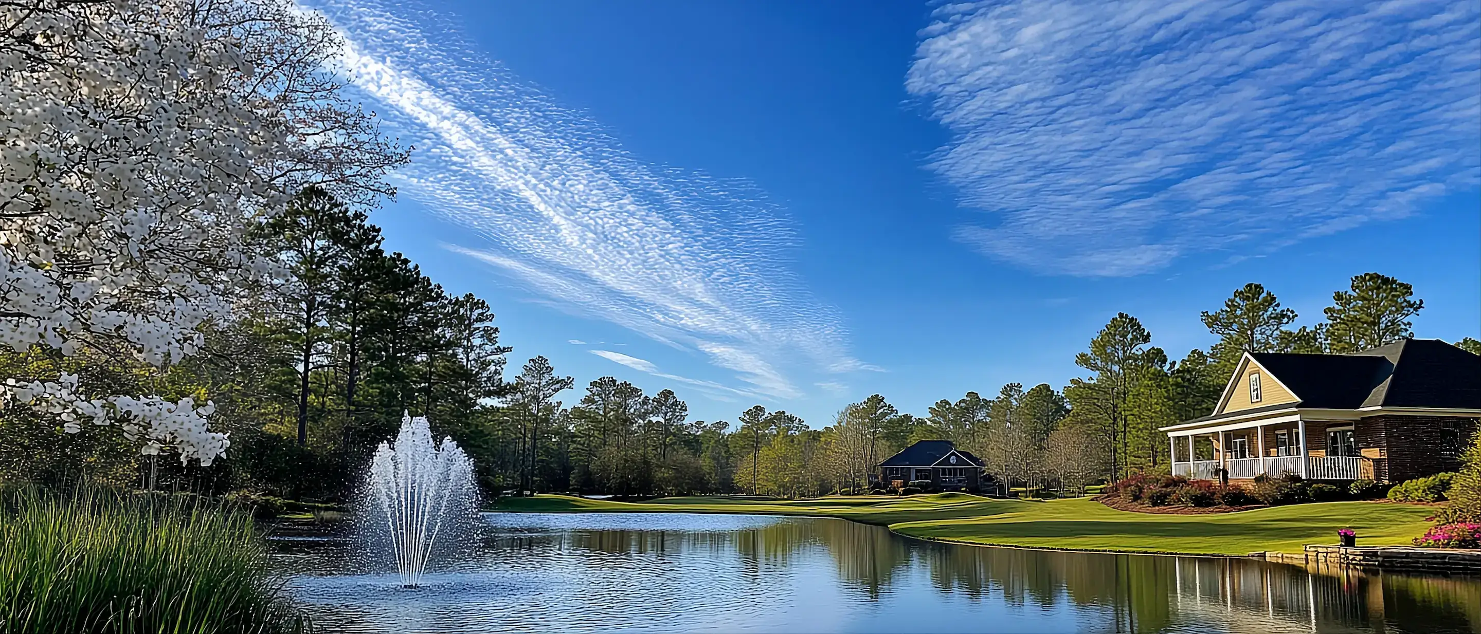 Beautiful golf course neighborhood in Holly Springs NC with pond, dogwood trees, and brick homes
